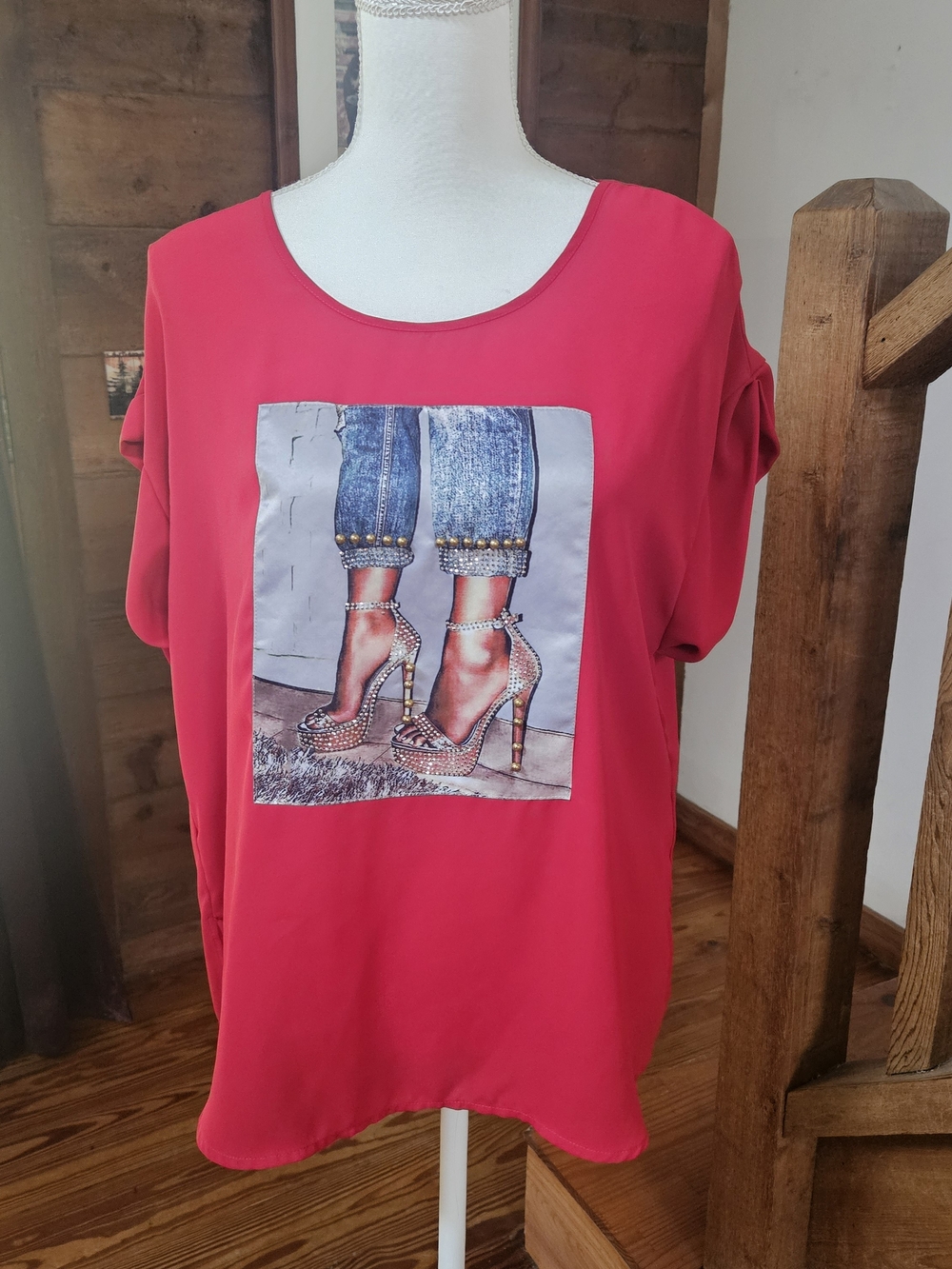 Bright Red Graphic Tee with Rhinestone Heel Print